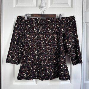 ModCloth Women's Plus Size 2X Dark Floral Print Off the Shoulder 3/4 Sleeve Top